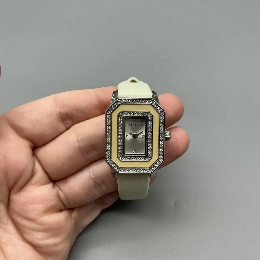 Ted Baker Womens Watch 24mm Silver Tone Crystals Green Leather New Battery